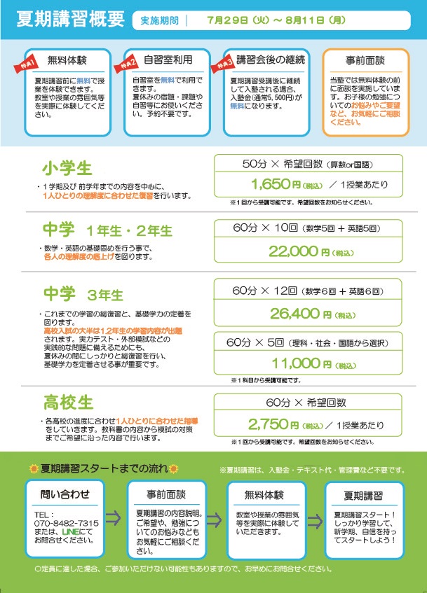 福井塾　塾　八尾町　富山市八尾町杉原の塾　１クラス４人限定指導　数学　算数　夏期講習料金